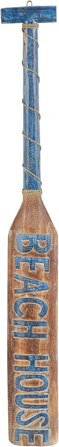 Deco 79 Wood Paddle Home Wall Decor Beach House Sign Wall Sculpture with Blue Accents and Rope Detail, Wall Art 6" x 2" x 47", Brown
