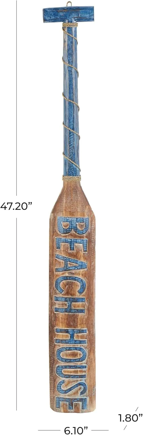 Deco 79 Wood Paddle Home Wall Decor Beach House Sign Wall Sculpture with Blue Accents and Rope Detail, Wall Art 6" x 2" x 47", Brown