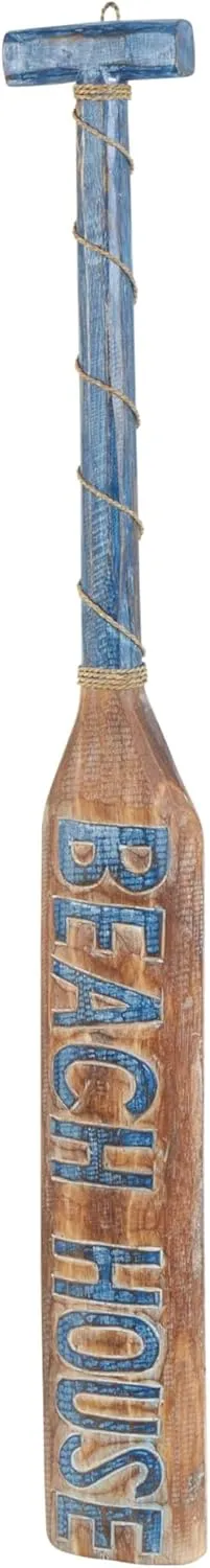 Deco 79 Wood Paddle Home Wall Decor Beach House Sign Wall Sculpture with Blue Accents and Rope Detail, Wall Art 6" x 2" x 47", Brown