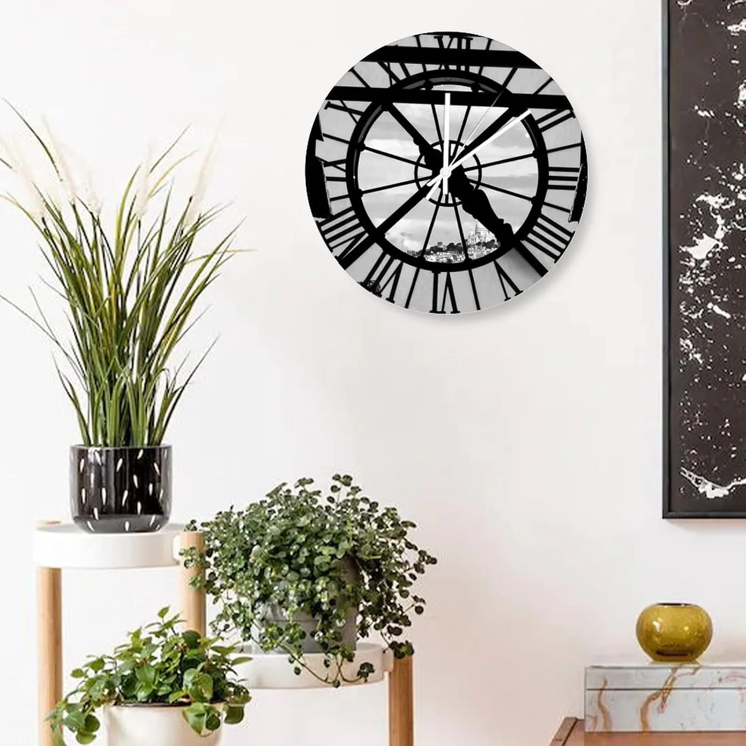 Decorative Silent No Ticking Wall Clock Musée D'Orsay with Sacré Coeur Round Modern Wooden Clocks for Bedroom Living Room Home Office School Wall Art Decor, 15 Inches