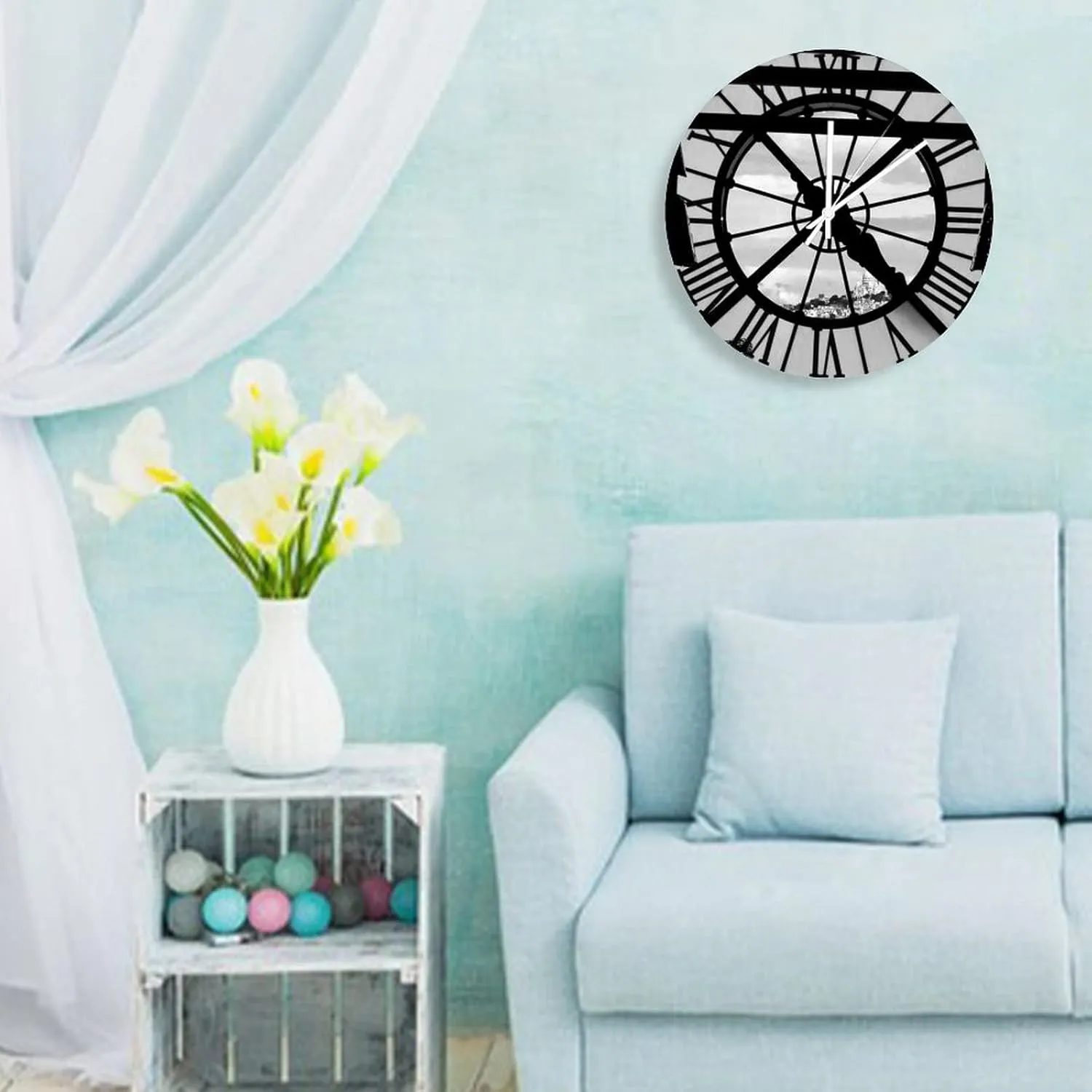 Decorative Silent No Ticking Wall Clock Musée D'Orsay with Sacré Coeur Round Modern Wooden Clocks for Bedroom Living Room Home Office School Wall Art Decor, 15 Inches
