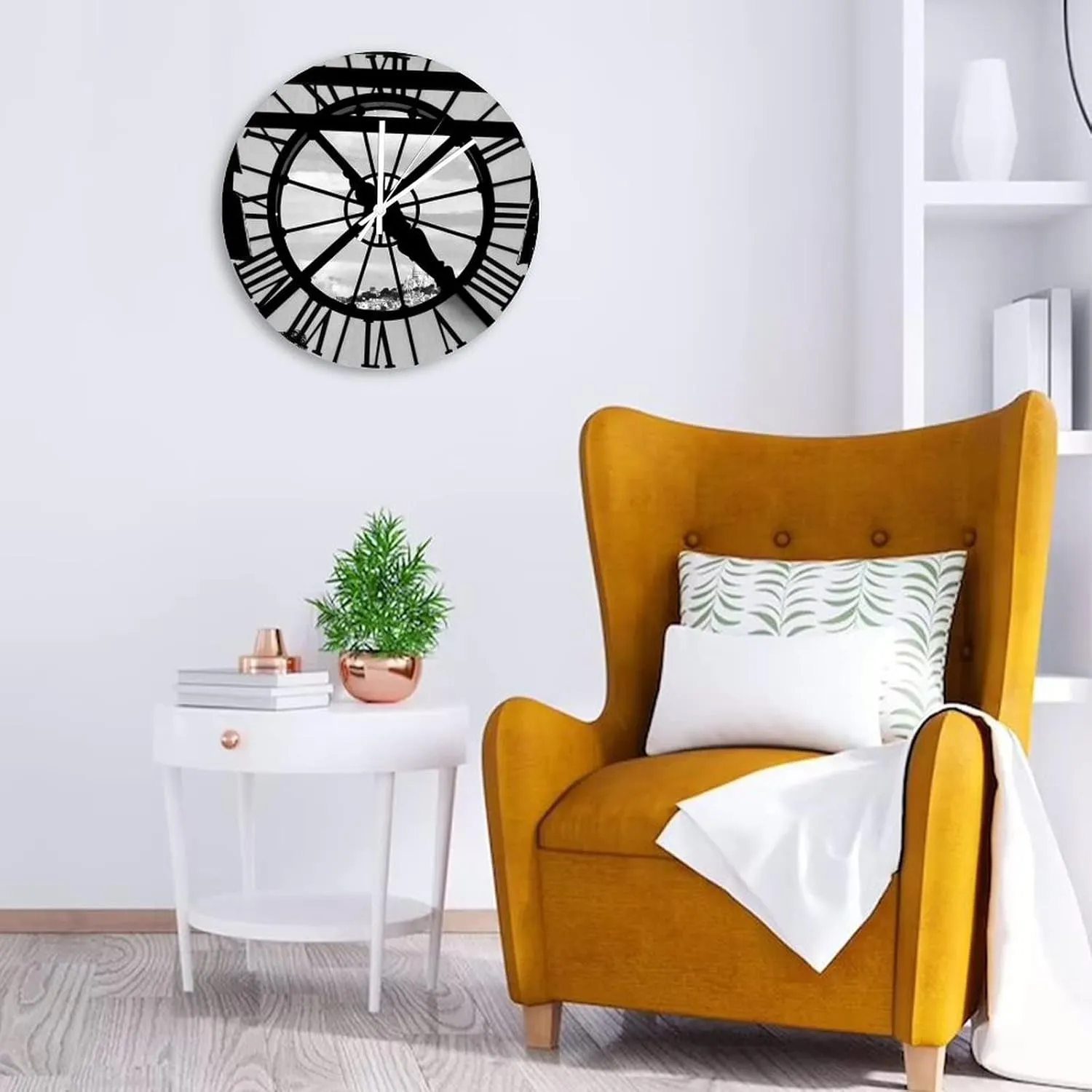 Decorative Silent No Ticking Wall Clock Musée D'Orsay with Sacré Coeur Round Modern Wooden Clocks for Bedroom Living Room Home Office School Wall Art Decor, 15 Inches