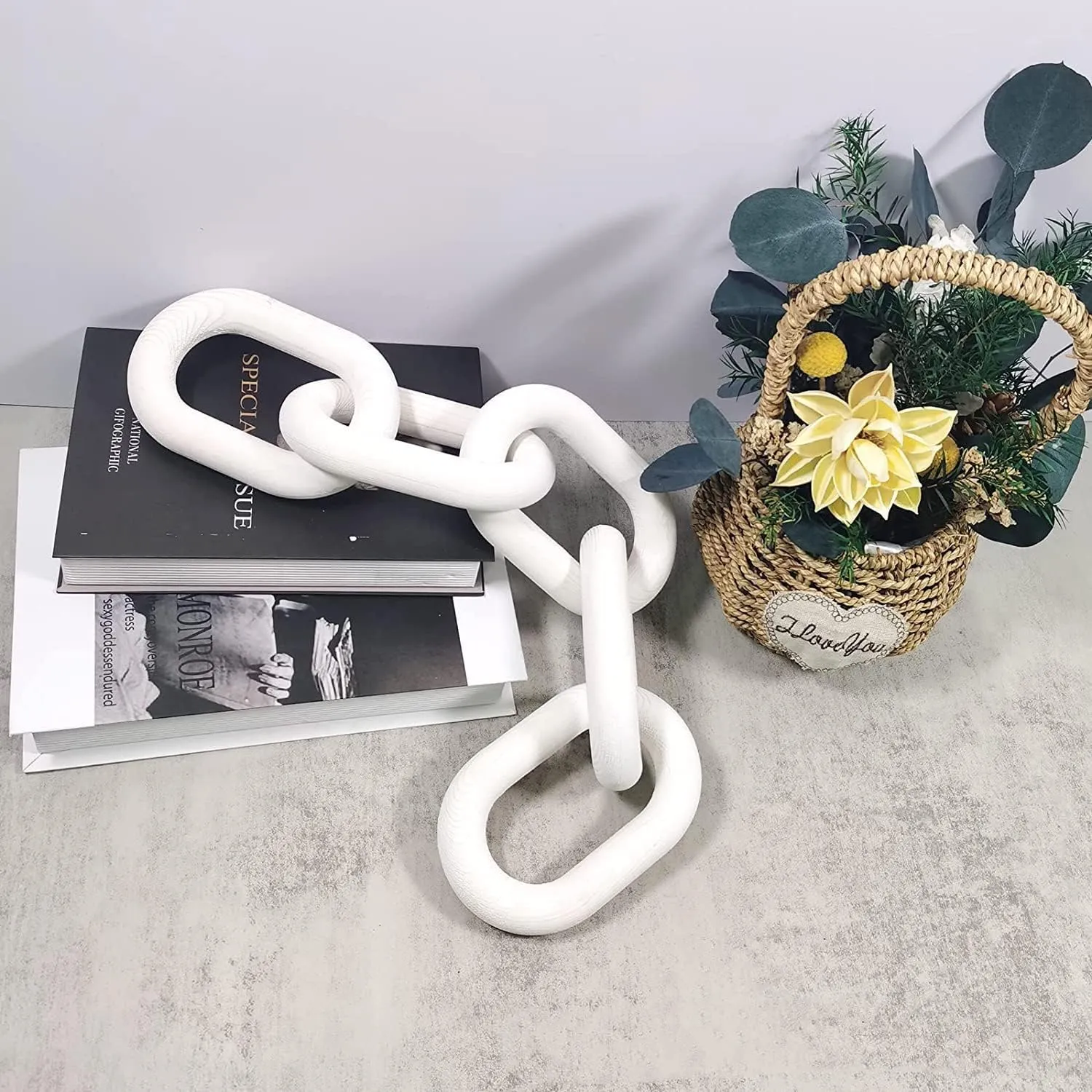Decorative Wood Chain Link Modern Boho Home Farmhouse Decor, 5 Link Chain Decor Hand-Carved Wooden Aesthetic Crafts, Sustainable Pine Wood for Shelf, Living Room, Rustic Country
