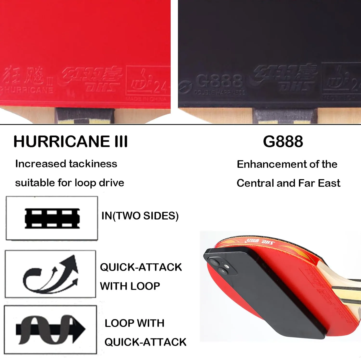 DHS Ping Pong Paddles Professional Table Tennis Racket with Hurricane Rubber Carrying Case - ITTF Approved Rubber for Tournament Play