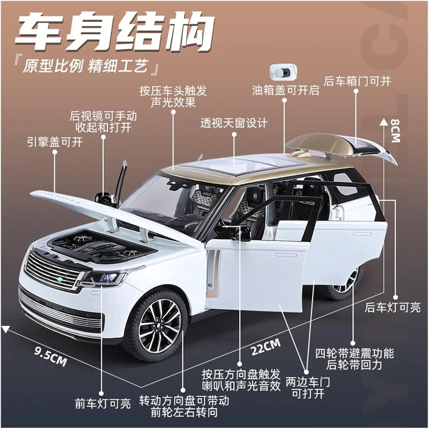 Die Casting 1:24 for Land Rover Range Rover Defender Alloy Simulation Car Model Sound and Light Pull-Back Miniature Model Collection Presents(Range Rover White)