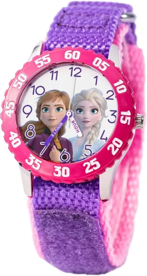 Disney Frozen Kids' Bezel Stainless Steel Time Teacher Analog Nylon Strap Watch