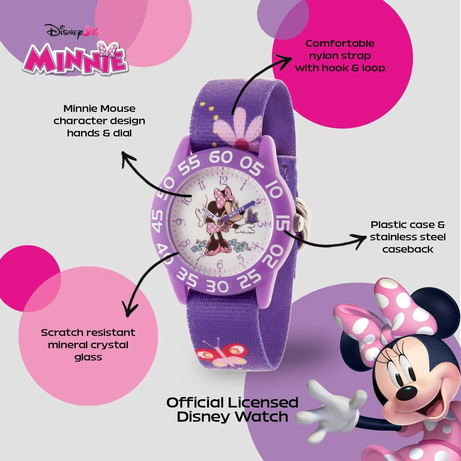 Disney Minnie Mouse Kids' Bezel Stainless Steel Time Teacher Analog Nylon Strap Watch