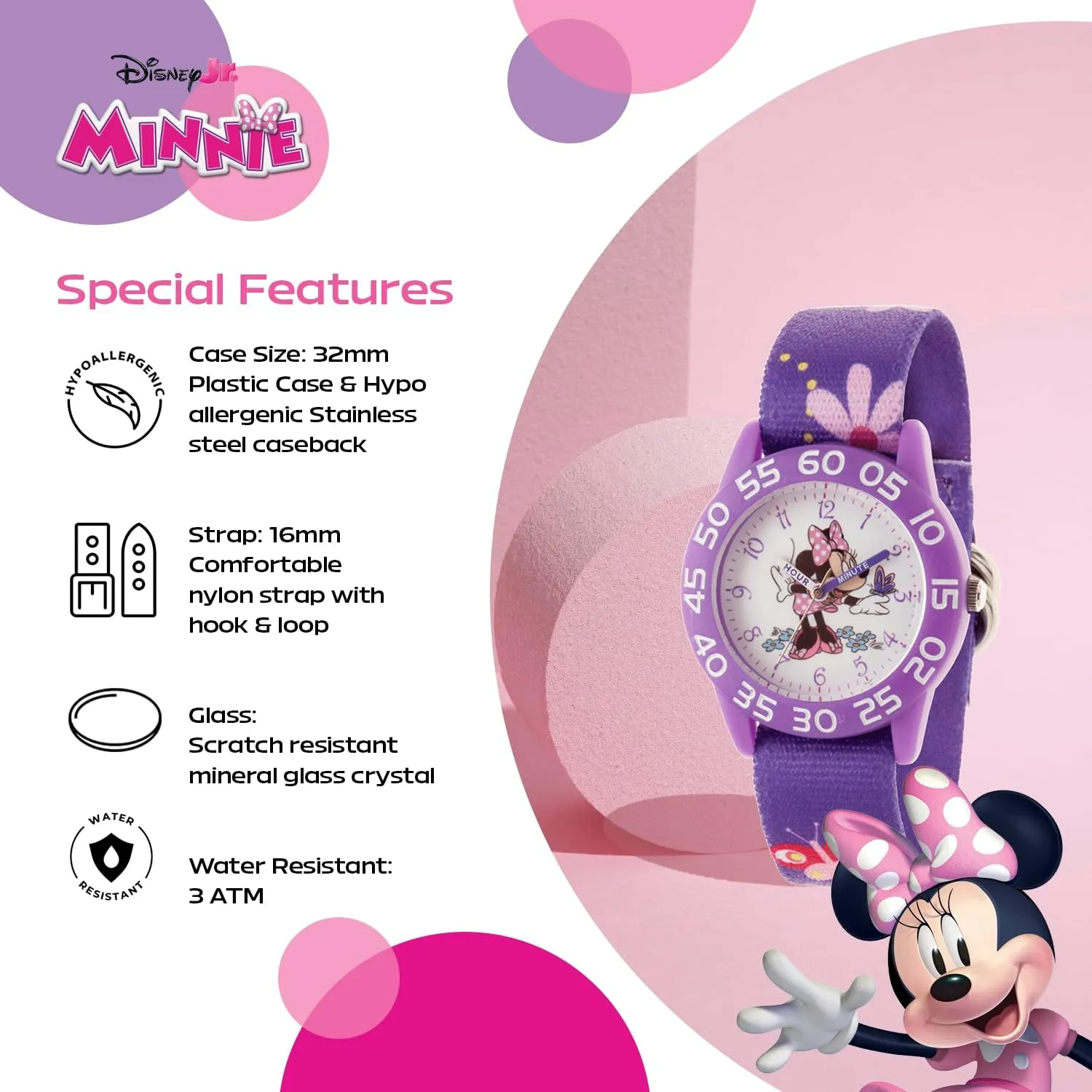 Disney Minnie Mouse Kids' Bezel Stainless Steel Time Teacher Analog Nylon Strap Watch