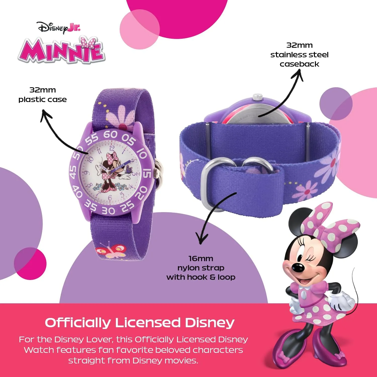 Disney Minnie Mouse Kids' Bezel Stainless Steel Time Teacher Analog Nylon Strap Watch