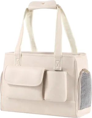 Dog Carrier Purse, Fashion Leather Pet Carrier Bag, Airline Approved Soft Sided Cat Travel Tote Bag with Pockets White