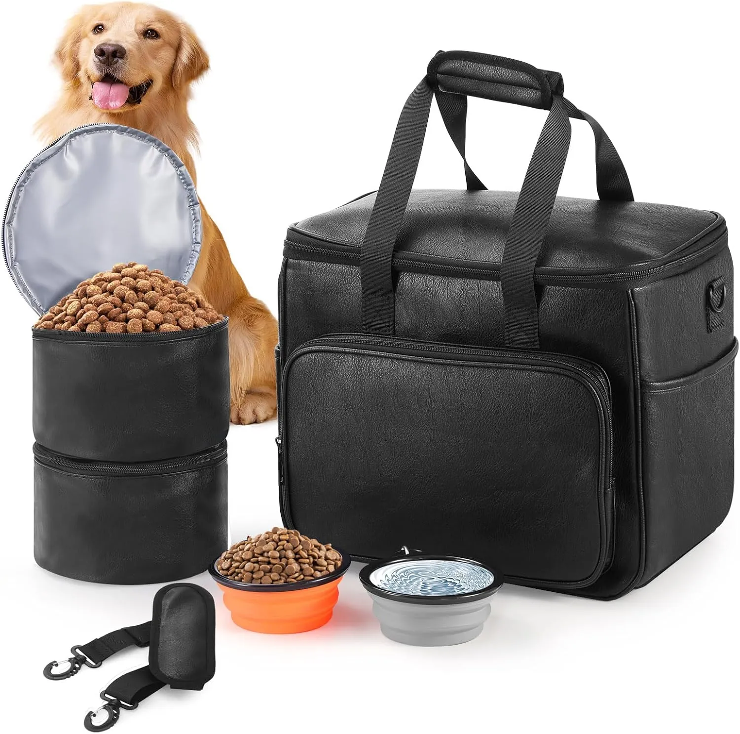 Dog Travel Bag, Leather Travel Pet Bag Set for Dog and Cat, Airline Approved Tote Organizer with Multi-Function Pockets, 2 Food Storage Containers, 2 Collapsible Bowls
