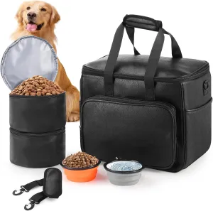 Dog Travel Bag, Leather Travel Pet Bag Set for Dog and Cat, Airline Approved Tote Organizer with Multi-Function Pockets, 2 Food Storage Containers, 2 Collapsible Bowls