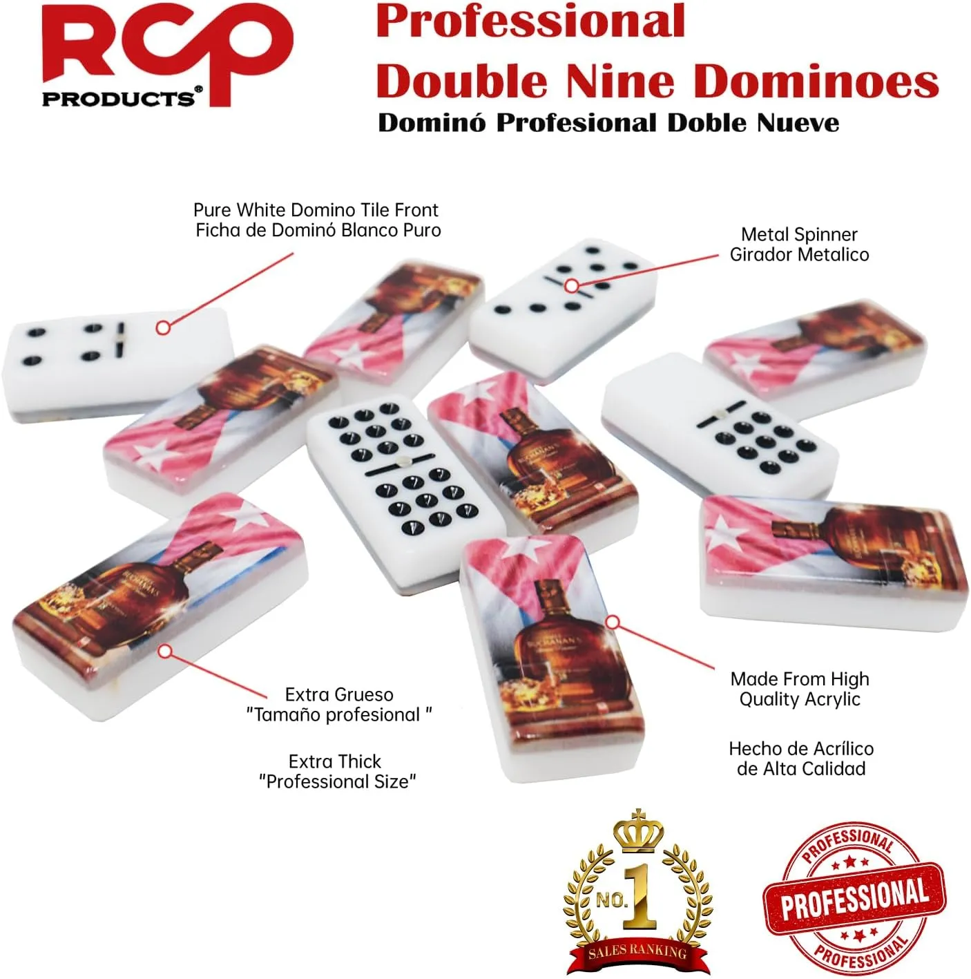 Dominos Set for Adults – Professional Double 9 Cuban Dominoes Set, Classic Travel Board Game with Wood Case Juegos de Mesa (Buchanan's and Flag PR)
