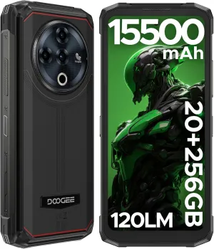 DOOGEE Fire 6 Power Rugged Smartphone, 15500mAh, Dual Flashlight, 20GB 256GB Rugged Phone, 50MP Camera, Android 14, Unlocked Cell Phone with 3-in-1 Cable, Dual Unlock, NFC, GPS, OTG, IP69K (Black)