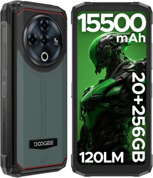 DOOGEE Fire 6 Power Rugged Smartphone, 15500mAh, Dual Flashlight, 20GB 256GB Rugged Phone, 50MP Camera, Android 14, Unlocked Cell Phone with 3-in-1 Cable, Dual Unlock, NFC, GPS, OTG, IP69K (Green)