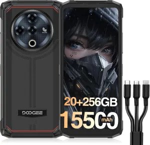 DOOGEE Fire 6 Power Rugged Smartphone, Dual Light Flashlight,15500mAh/33W Rugged Phone,20GB 256GB,50MP, Android 14, Unlocked Cell Phone with 3-in-1 Data Cable, Dual Unlock/NFC/GPS/OTG/IP69K(Black)
