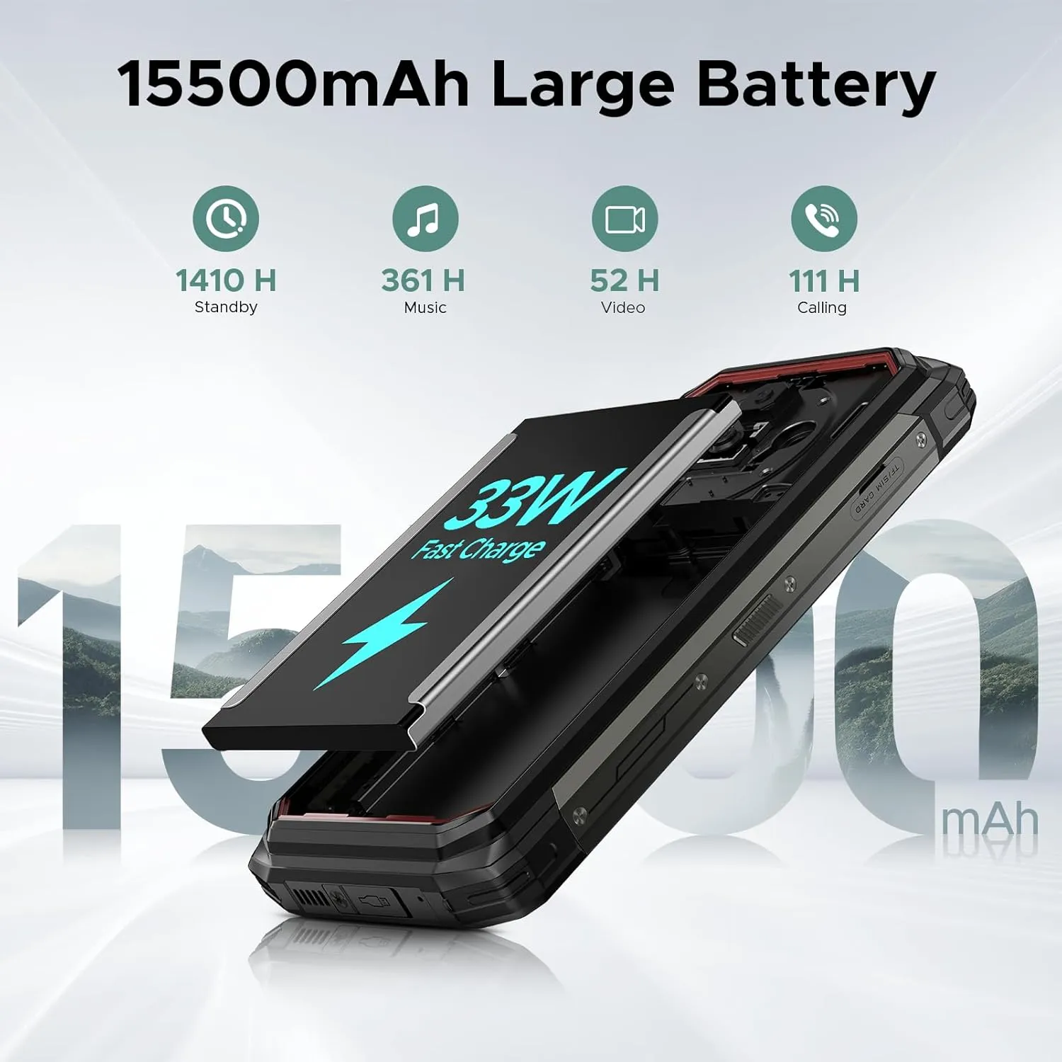 DOOGEE Fire 6 Power Rugged Smartphone, Dual Light Flashlight,15500mAh/33W Rugged Phone,20GB 256GB,50MP, Android 14, Unlocked Cell Phone with 3-in-1 Data Cable, Dual Unlock/NFC/GPS/OTG/IP69K(Black)