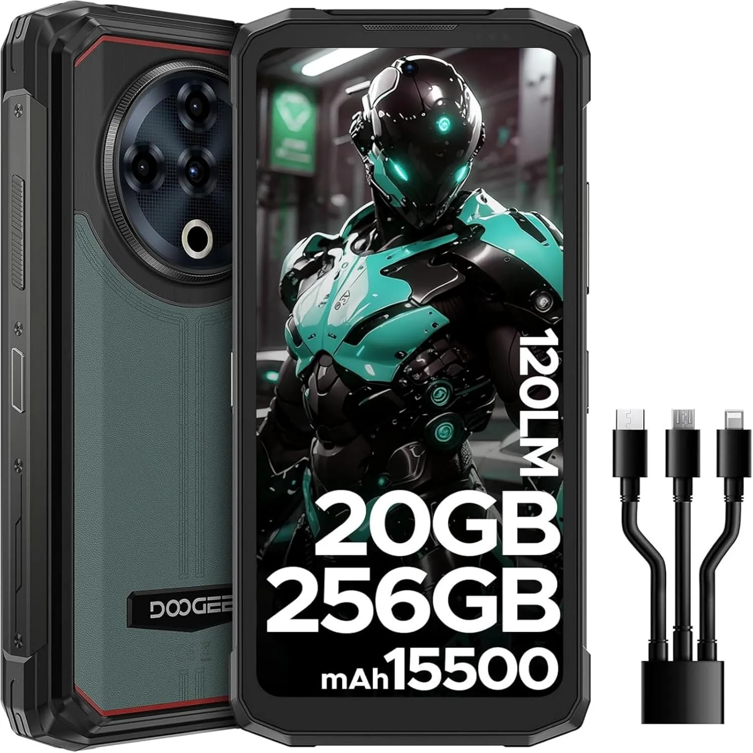 DOOGEE Fire 6 Power Rugged Smartphone, Dual Light Flashlight,15500mAh/33W Rugged Phone,20GB 256GB,50MP, Android 14, Unlocked Cell Phone with 3-in-1 Data Cable, Dual Unlock/NFC/GPS/OTG/IP69K(Green)