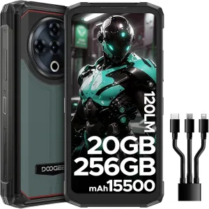 DOOGEE Fire 6 Power Rugged Smartphone, Dual Light Flashlight,15500mAh/33W Rugged Phone,20GB 256GB,50MP, Android 14, Unlocked Cell Phone with 3-in-1 Data Cable, Dual Unlock/NFC/GPS/OTG/IP69K(Green)