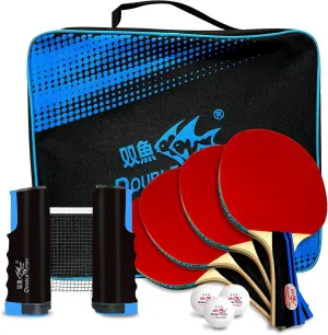 Double Fish Ping Pong Paddle Set of 4, 6 Ping Pong Balls ITTF Approval Professional 3-Star WTT, Carrying Storage Case, Table Tennis Sets for Training, Game, Family Fun