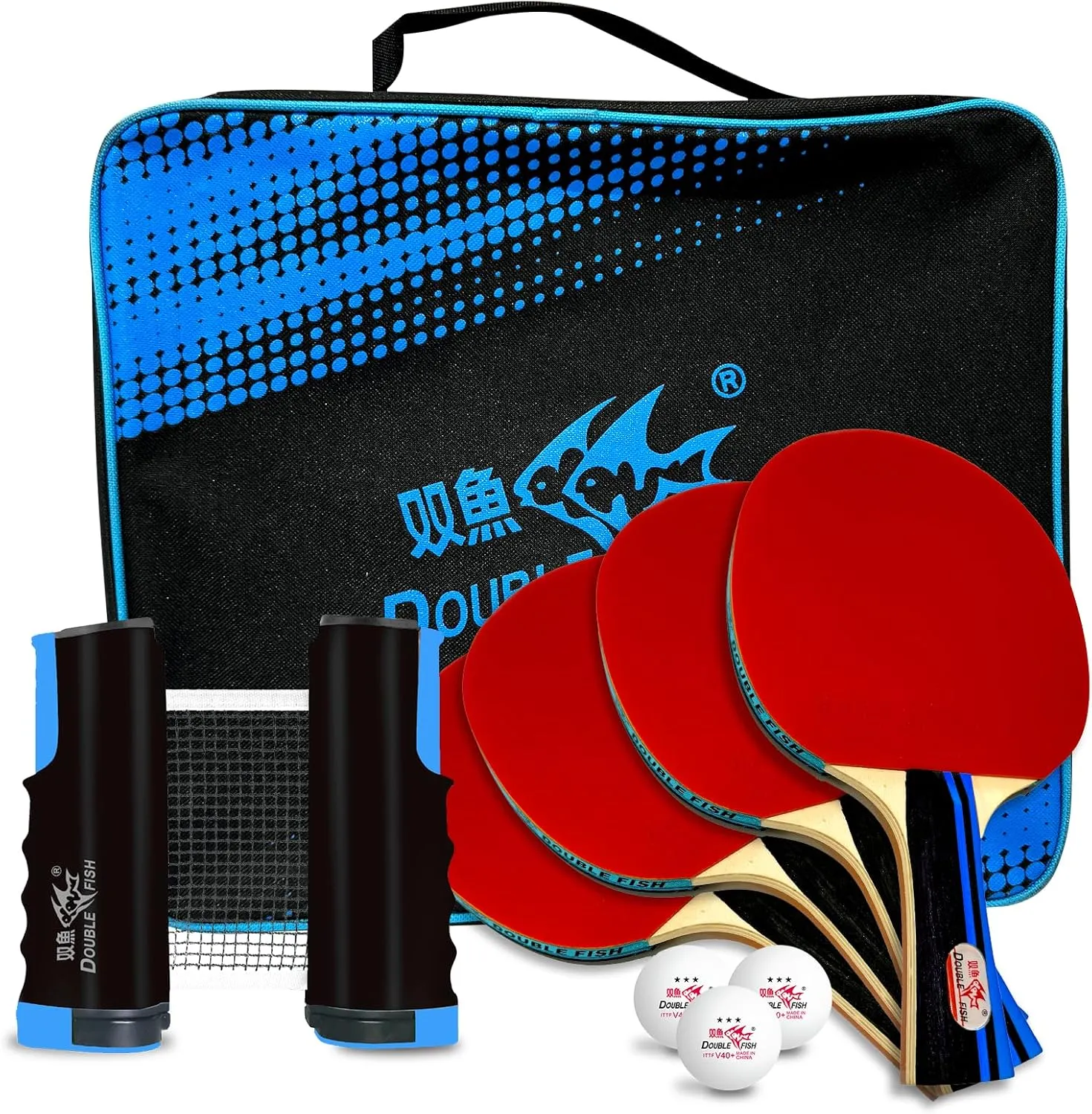 Double Fish Ping Pong Paddle Set of 4, 6 Ping Pong Balls ITTF Approval Professional 3-Star WTT, Carrying Storage Case, Table Tennis Sets for Training, Game, Family Fun
