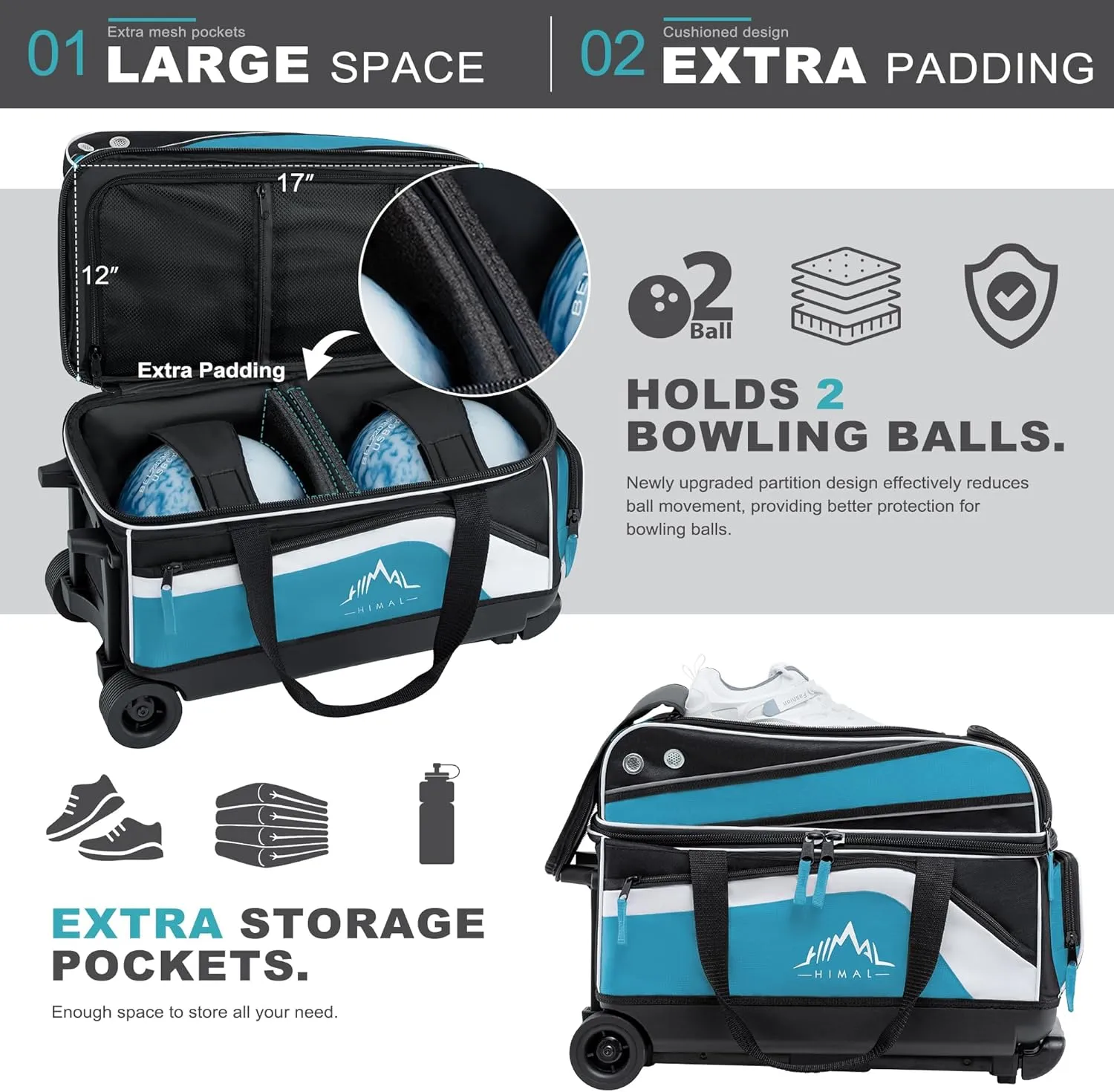 Double Roller 2 Ball Bowling Bag with Separate Shoe Compartment for Bowling Shoes (Up To US Men Size 15) and Abundant multifunction Accessory Pocket, Upgraded fabric, Retractable Handle - Extends to 40"