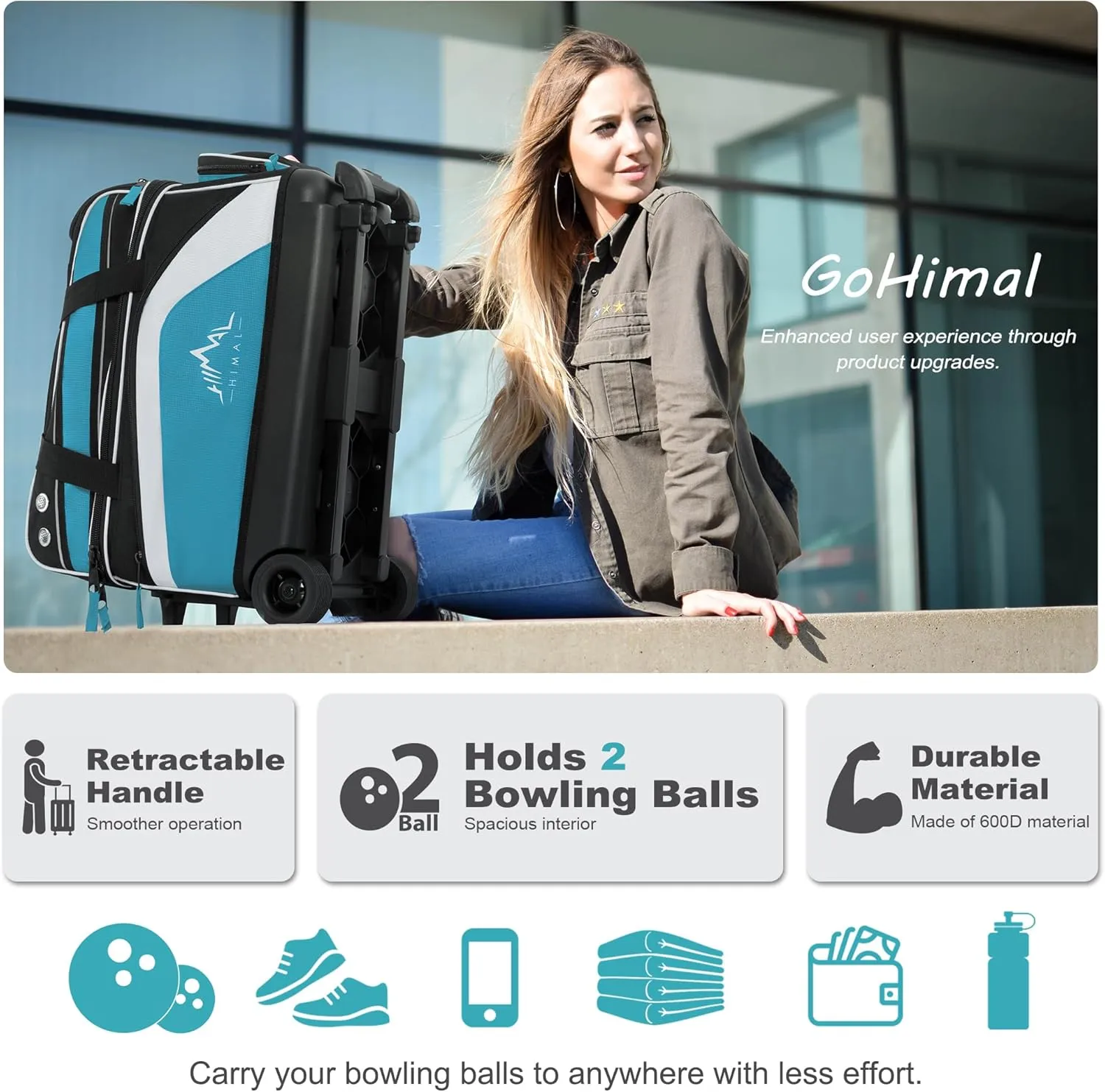 Double Roller 2 Ball Bowling Bag with Separate Shoe Compartment for Bowling Shoes (Up To US Men Size 15) and Abundant multifunction Accessory Pocket, Upgraded fabric, Retractable Handle - Extends to 40"