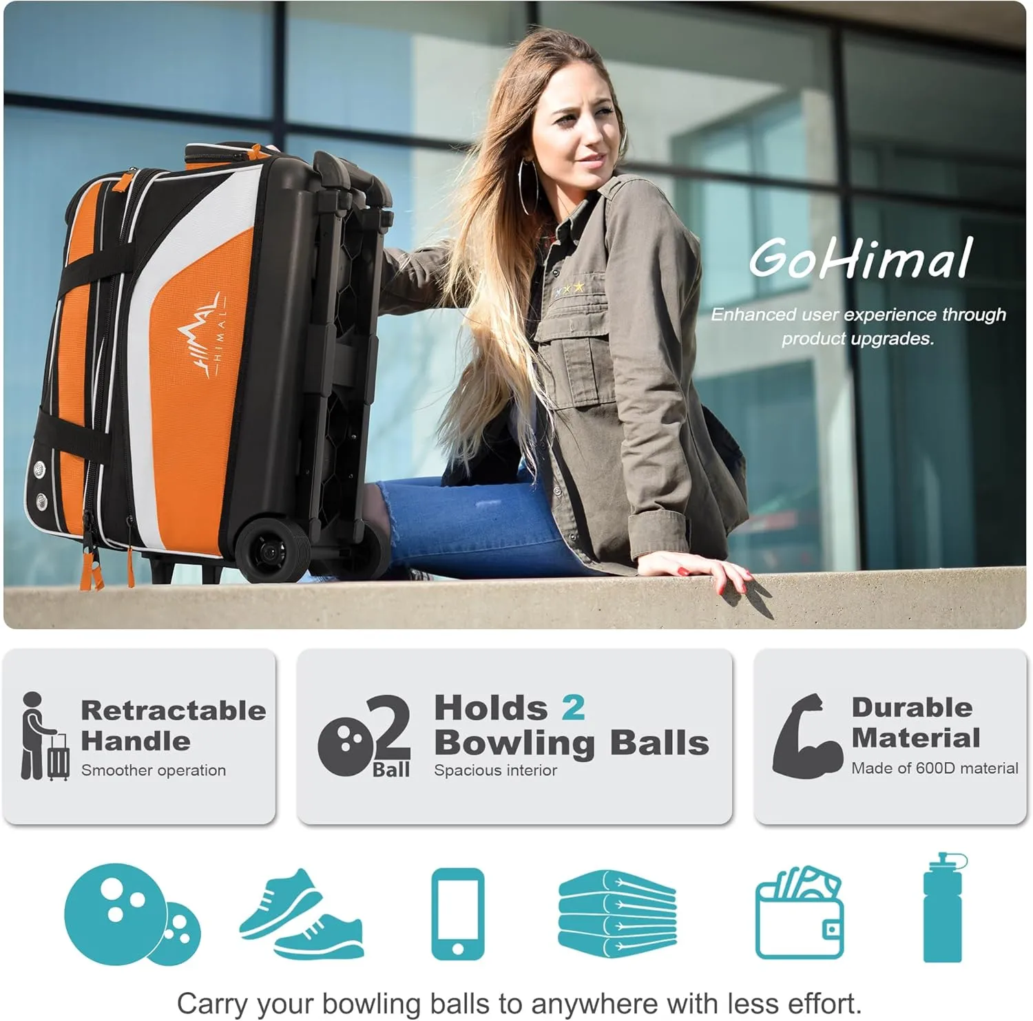 Double Roller 2 Ball Bowling Bag with Separate Shoe Compartment for Bowling Shoes (Up To US Men Size 15) and Abundant multifunction Accessory Pocket, Upgraded fabric, Retractable Handle - Extends to 40"