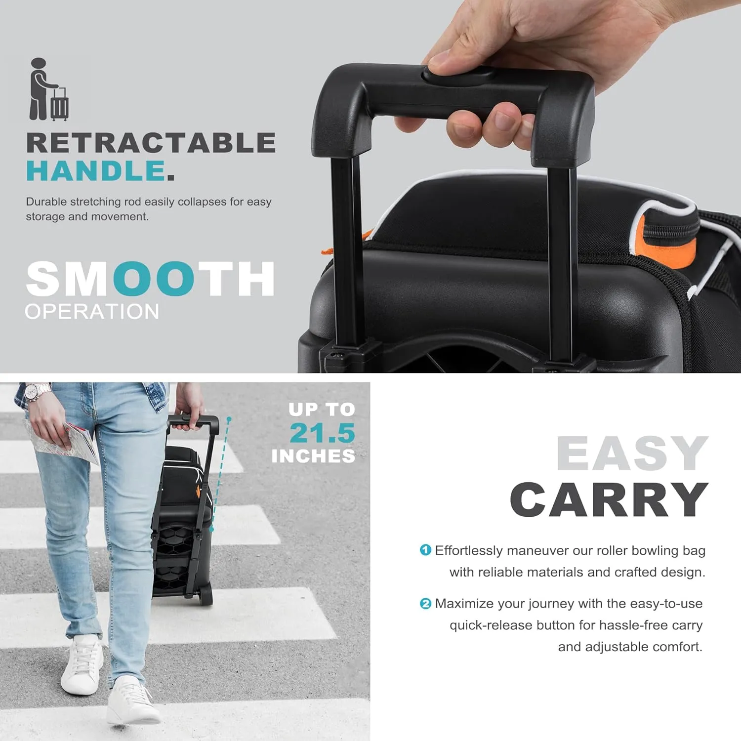 Double Roller 2 Ball Bowling Bag with Separate Shoe Compartment for Bowling Shoes (Up To US Men Size 15) and Abundant multifunction Accessory Pocket, Upgraded fabric, Retractable Handle - Extends to 40"