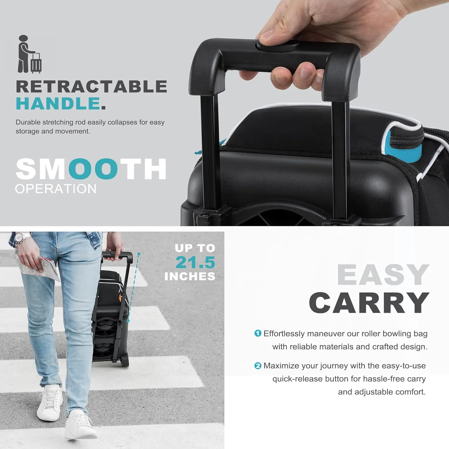 Double Roller 2 Ball Bowling Bag with Separate Shoe Compartment for Bowling Shoes (Up To US Men Size 15) and Abundant multifunction Accessory Pocket, Upgraded fabric, Retractable Handle - Extends to 40"