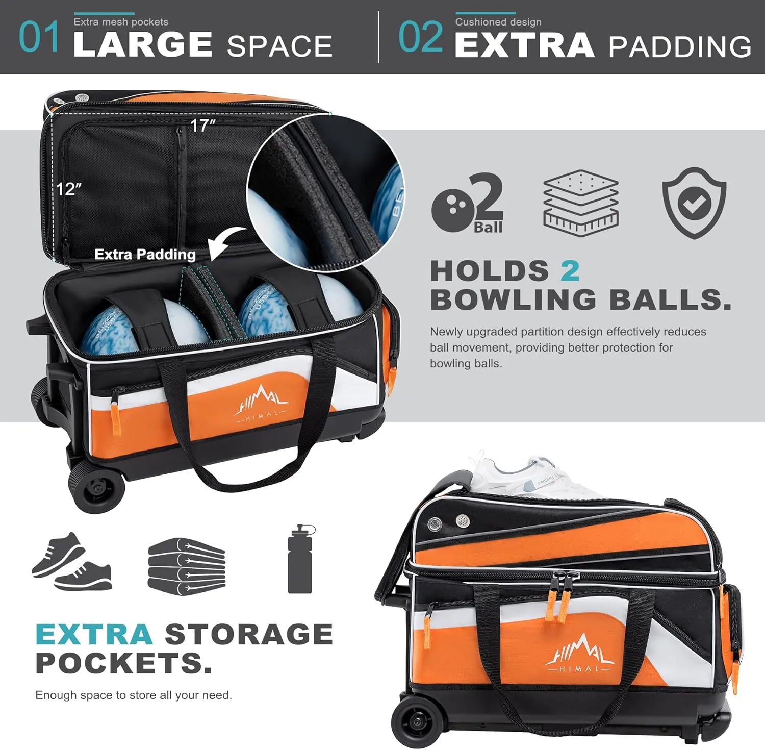 Double Roller 2 Ball Bowling Bag with Separate Shoe Compartment for Bowling Shoes (Up To US Men Size 15) and Abundant multifunction Accessory Pocket, Upgraded fabric, Retractable Handle - Extends to 40"