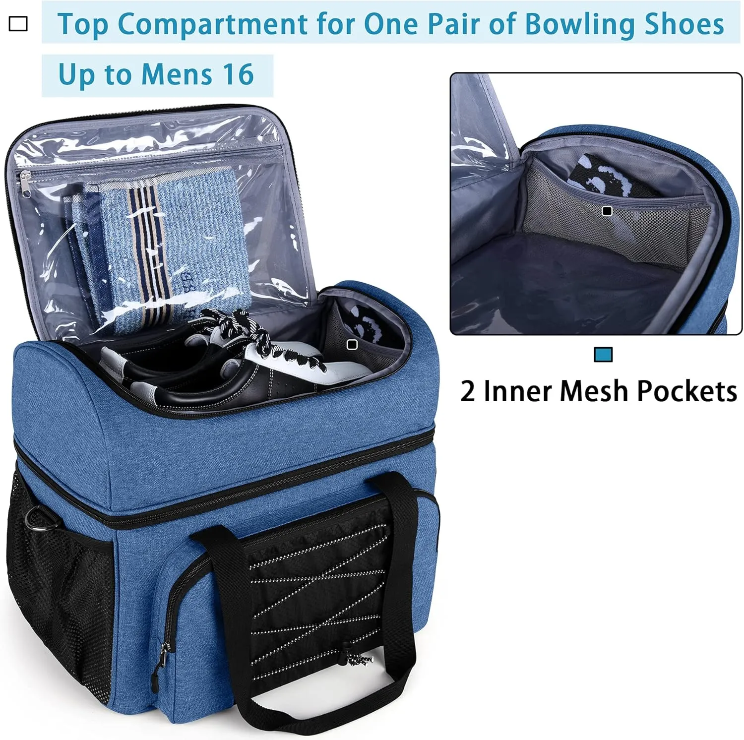 DSLEAF Bowling Bag for 2 Balls, Bowling Tote with Wooden Bowling Cups and Padded Divider for Double Ball and A Pair of Bowling Shoes Up to Mens 16 and Extra Essentials (Patent Design), Bag Only