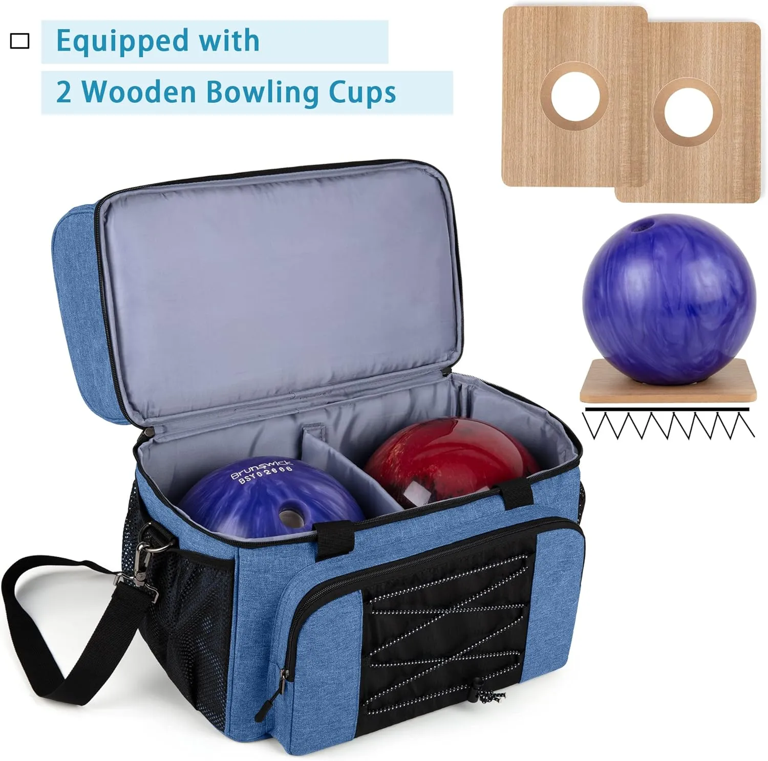 DSLEAF Bowling Bag for 2 Balls, Bowling Tote with Wooden Bowling Cups and Padded Divider for Double Ball and A Pair of Bowling Shoes Up to Mens 16 and Extra Essentials (Patent Design), Bag Only