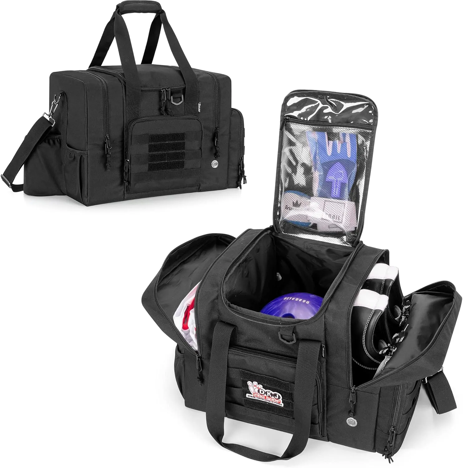 DSLEAF Bowling Ball Bag Hold Single Ball, Bowling Ball Tote with Wooden Ball Holder and Separate Space for Shoes Up to US Mens 16, Extra Pockets for Essentials (Patent Design), Bag Only
