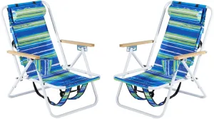Dual Pack Beach Chairs for Adults 4 Position Reclining Portable Camp Chairs with Headrest Cup Holder and Wooden Armrests Blue and Green Stripe Design Foldable with Backpack Straps