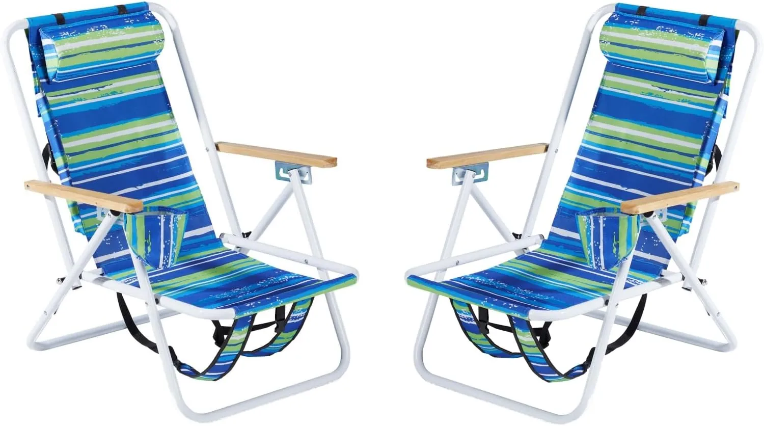Dual Pack Beach Chairs for Adults 4 Position Reclining Portable Camp Chairs with Headrest Cup Holder and Wooden Armrests Blue and Green Stripe Design Foldable with Backpack Straps