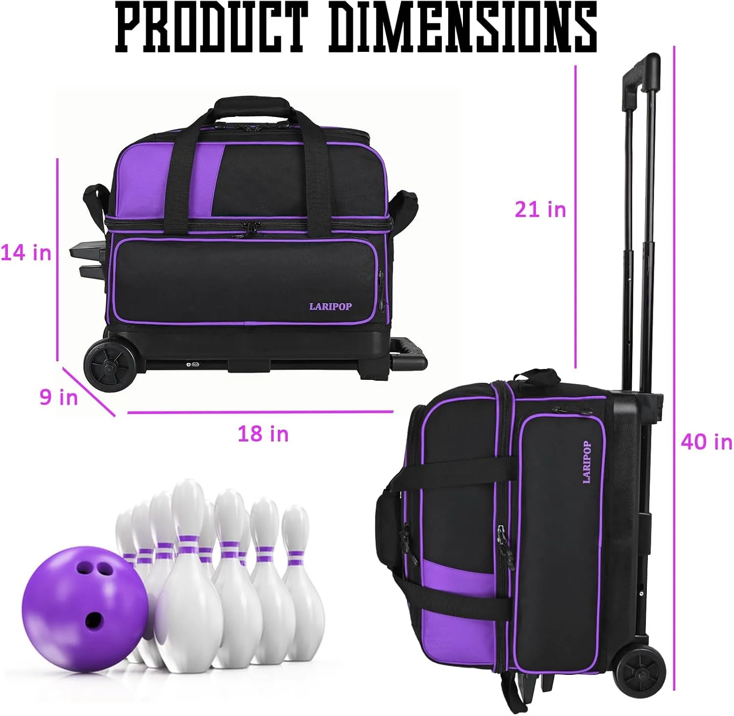 Dual Roller 2-Ball Bowling Bag, Featuring a Separate Large Shoe Compartment Capable, a 3-Section Telescopic Handle that Extends Up to 40"