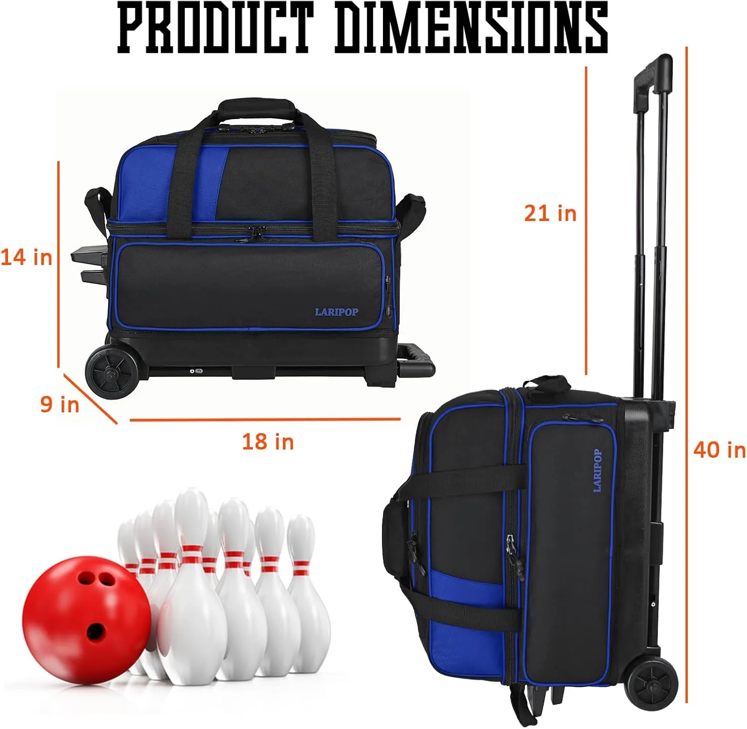 Dual Roller 2-Ball Bowling Bag, Featuring a Separate Large Shoe Compartment Capable, a 3-Section Telescopic Handle that Extends Up to 40"