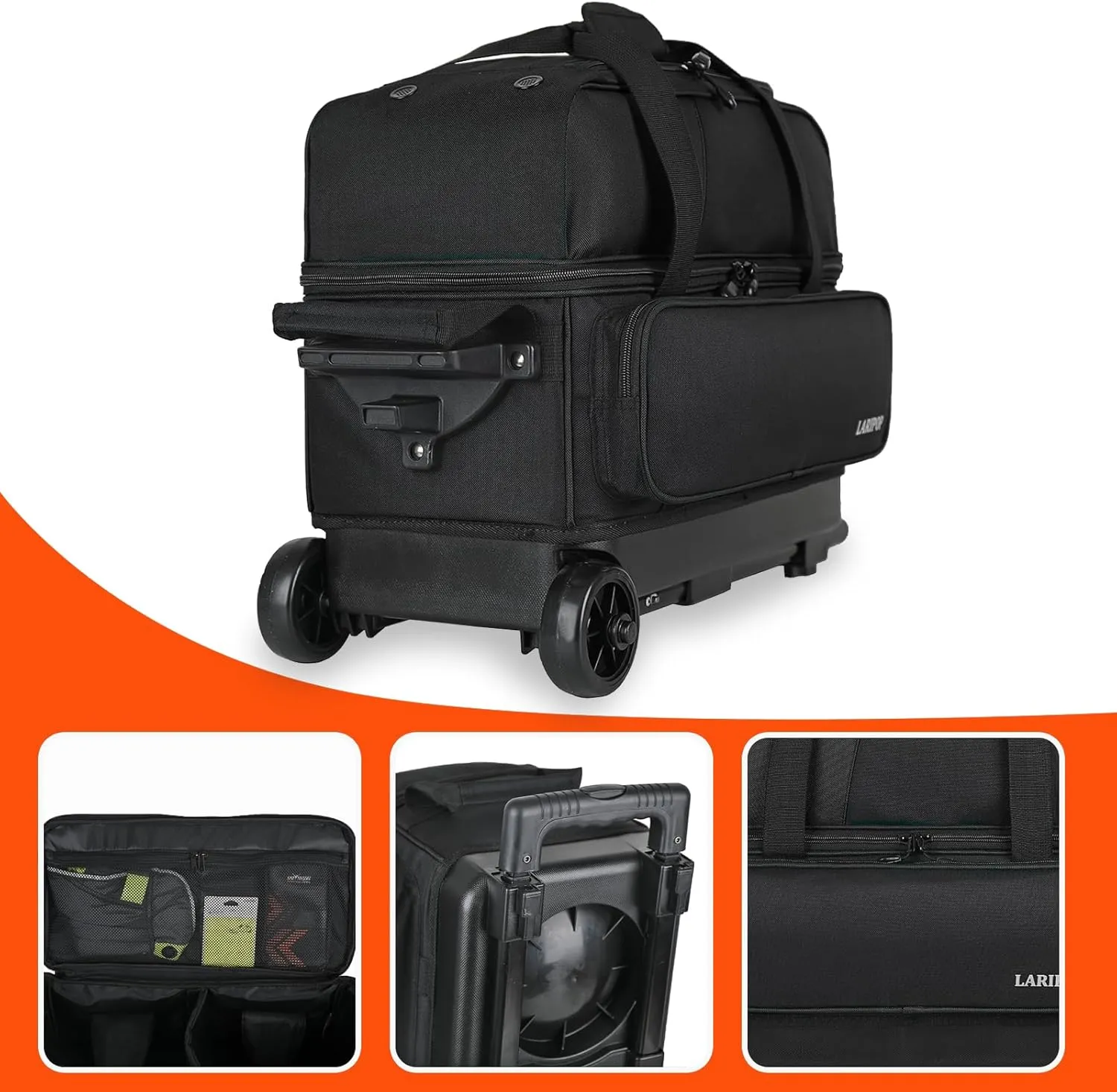 Dual Roller 2-Ball Bowling Bag, Featuring a Separate Large Shoe Compartment Capable, a 3-Section Telescopic Handle that Extends Up to 40"