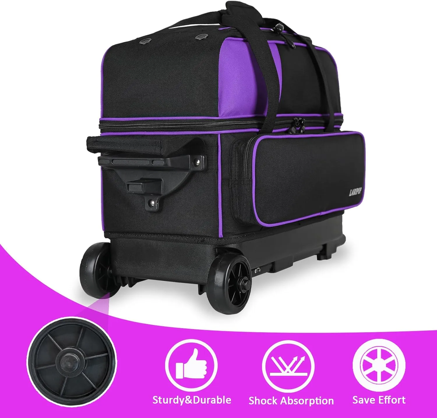 Dual Roller 2-Ball Bowling Bag, Featuring a Separate Large Shoe Compartment Capable, a 3-Section Telescopic Handle that Extends Up to 40"