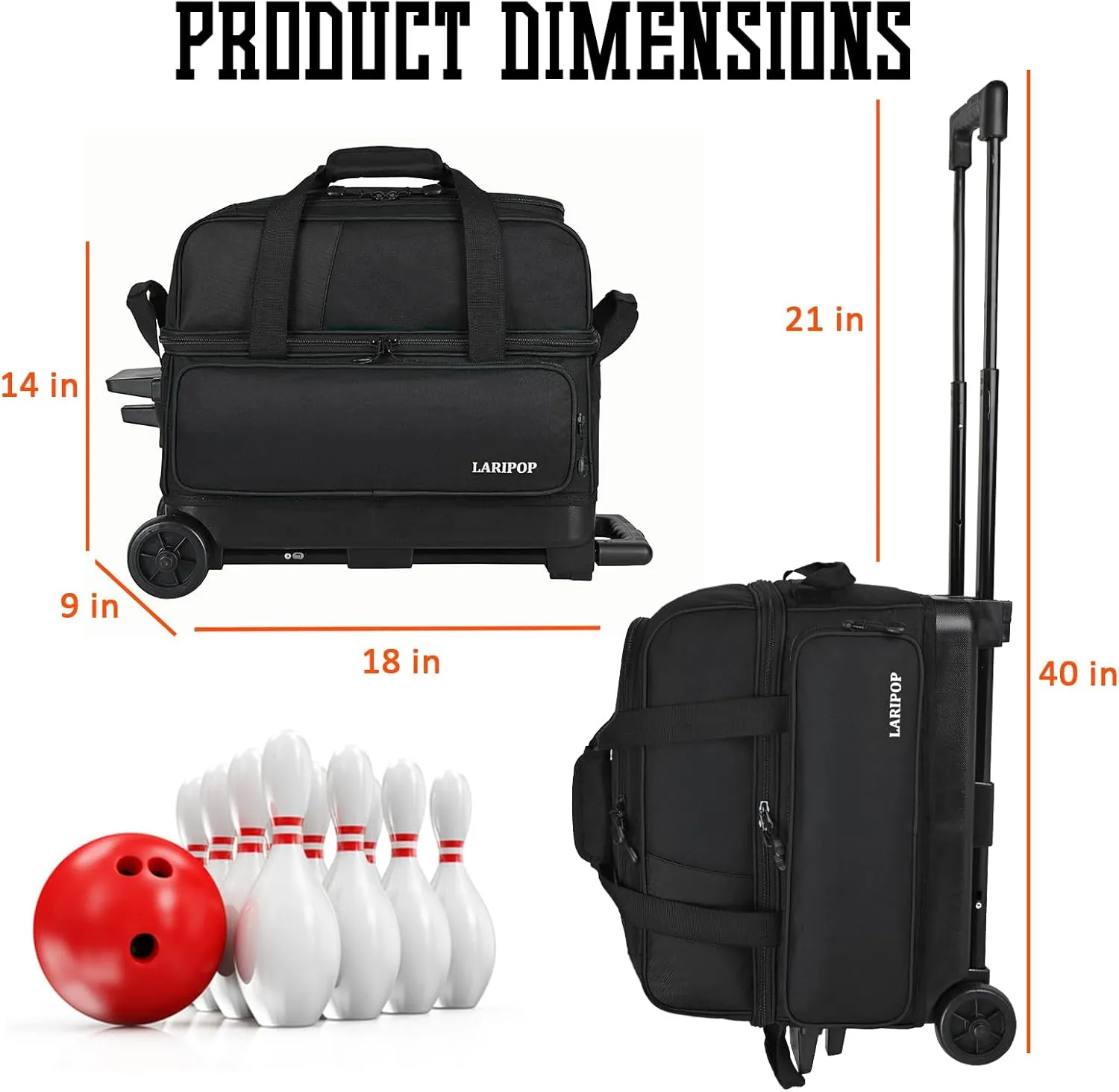 Dual Roller 2-Ball Bowling Bag, Featuring a Separate Large Shoe Compartment Capable, a 3-Section Telescopic Handle that Extends Up to 40"