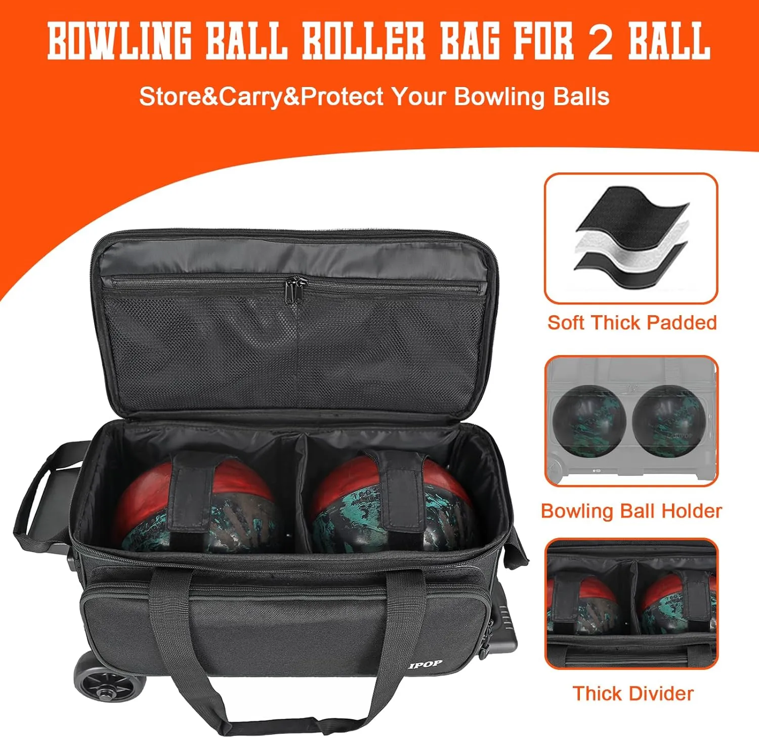 Dual Roller 2-Ball Bowling Bag, Featuring a Separate Large Shoe Compartment Capable, a 3-Section Telescopic Handle that Extends Up to 40"
