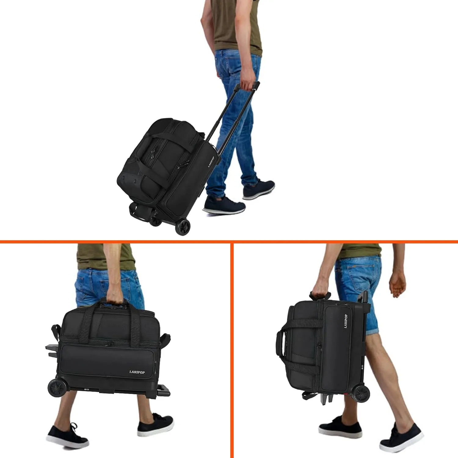 Dual Roller 2-Ball Bowling Bag, Featuring a Separate Large Shoe Compartment Capable, a 3-Section Telescopic Handle that Extends Up to 40"