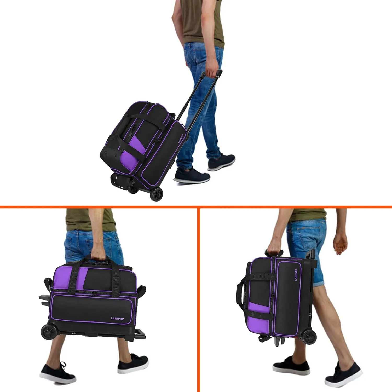 Dual Roller 2-Ball Bowling Bag, Featuring a Separate Large Shoe Compartment Capable, a 3-Section Telescopic Handle that Extends Up to 40"