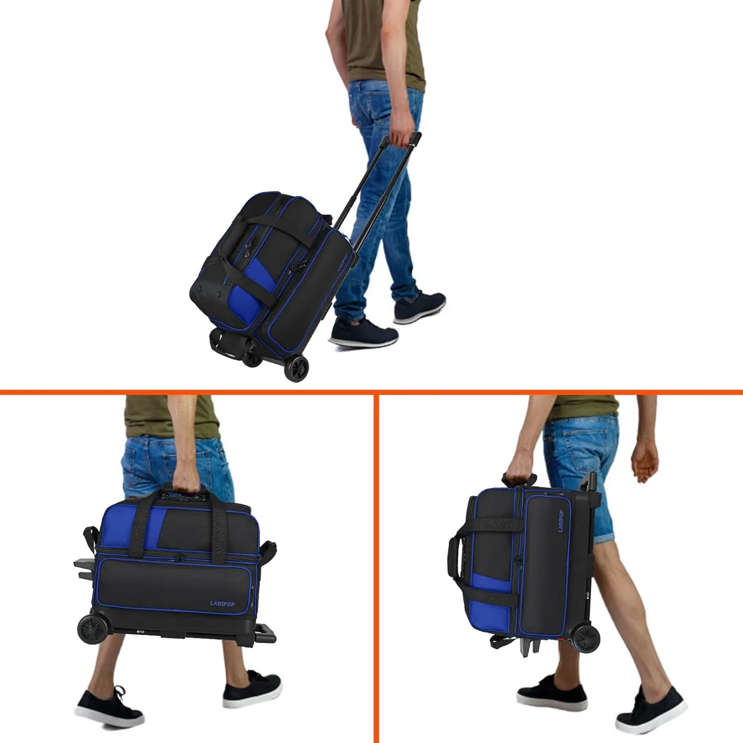 Dual Roller 2-Ball Bowling Bag, Featuring a Separate Large Shoe Compartment Capable, a 3-Section Telescopic Handle that Extends Up to 40"