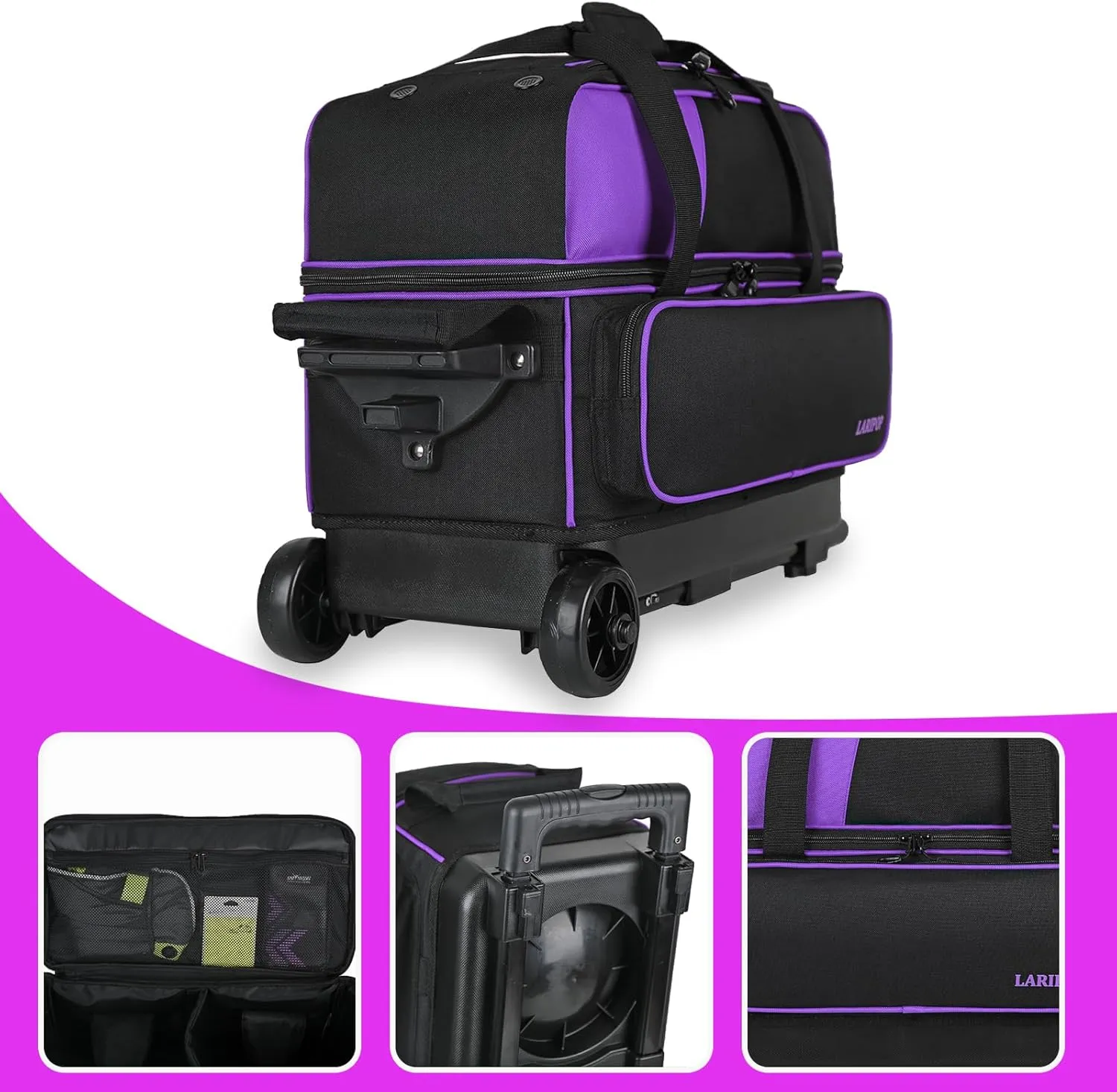 Dual Roller 2-Ball Bowling Bag, Featuring a Separate Large Shoe Compartment Capable, a 3-Section Telescopic Handle that Extends Up to 40"