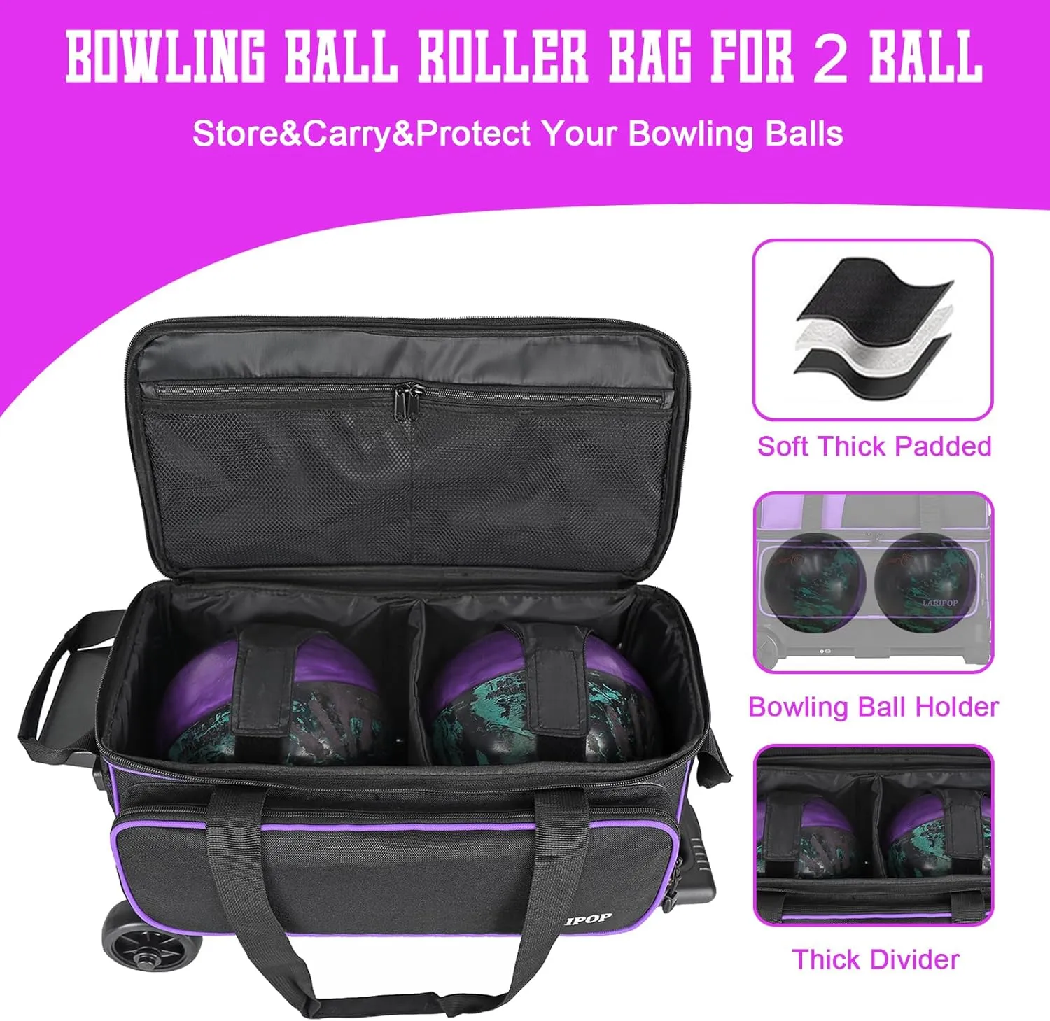 Dual Roller 2-Ball Bowling Bag, Featuring a Separate Large Shoe Compartment Capable, a 3-Section Telescopic Handle that Extends Up to 40"