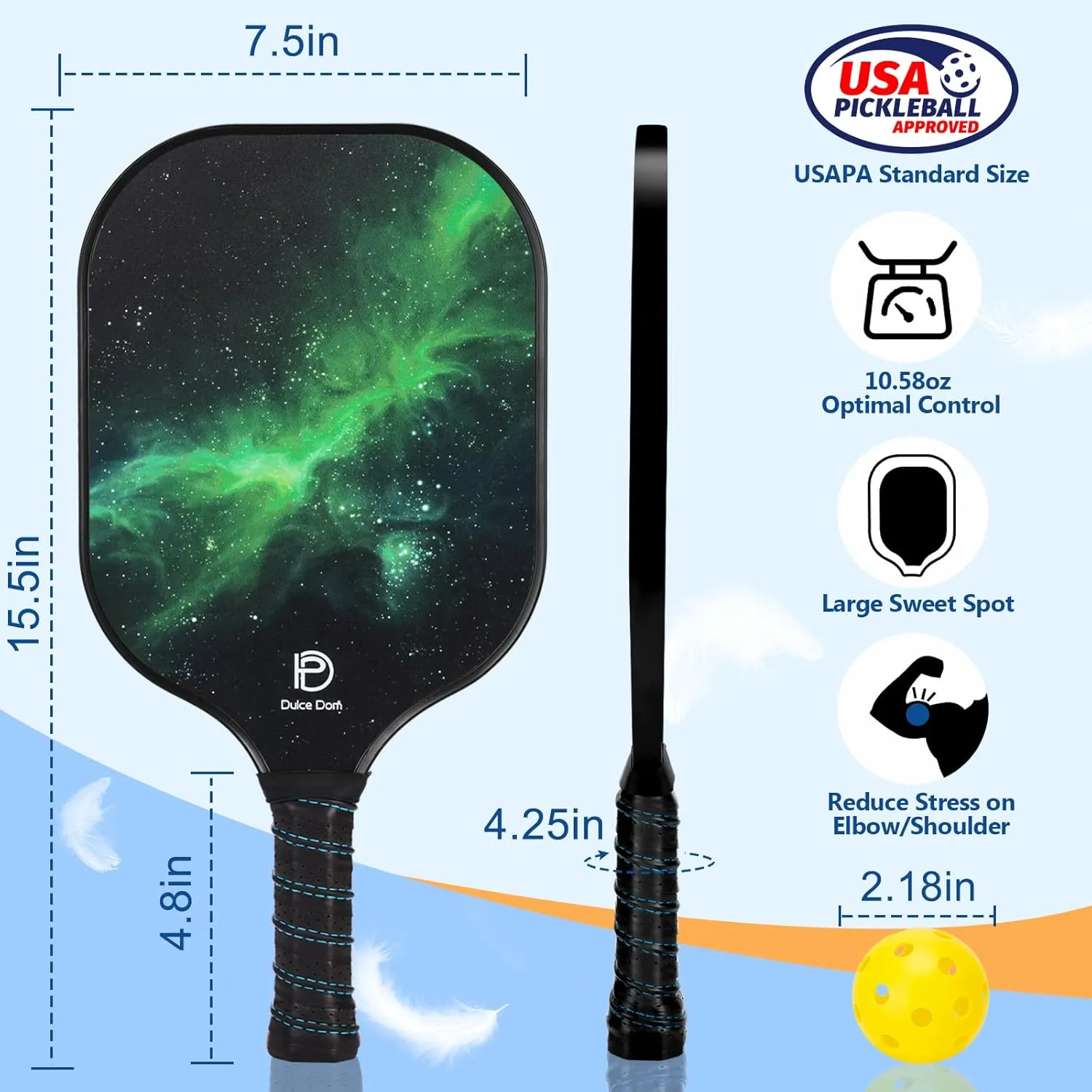 DULCE DOM Pickleball Paddles Set of 2/4 - USAPA Approved, Fiberglass Surface Pickleball Racket with 4 Indoor Outdoor Pickleball Balls and Pickleball Bag, Ideal Training Equipment Gift for Men & Women