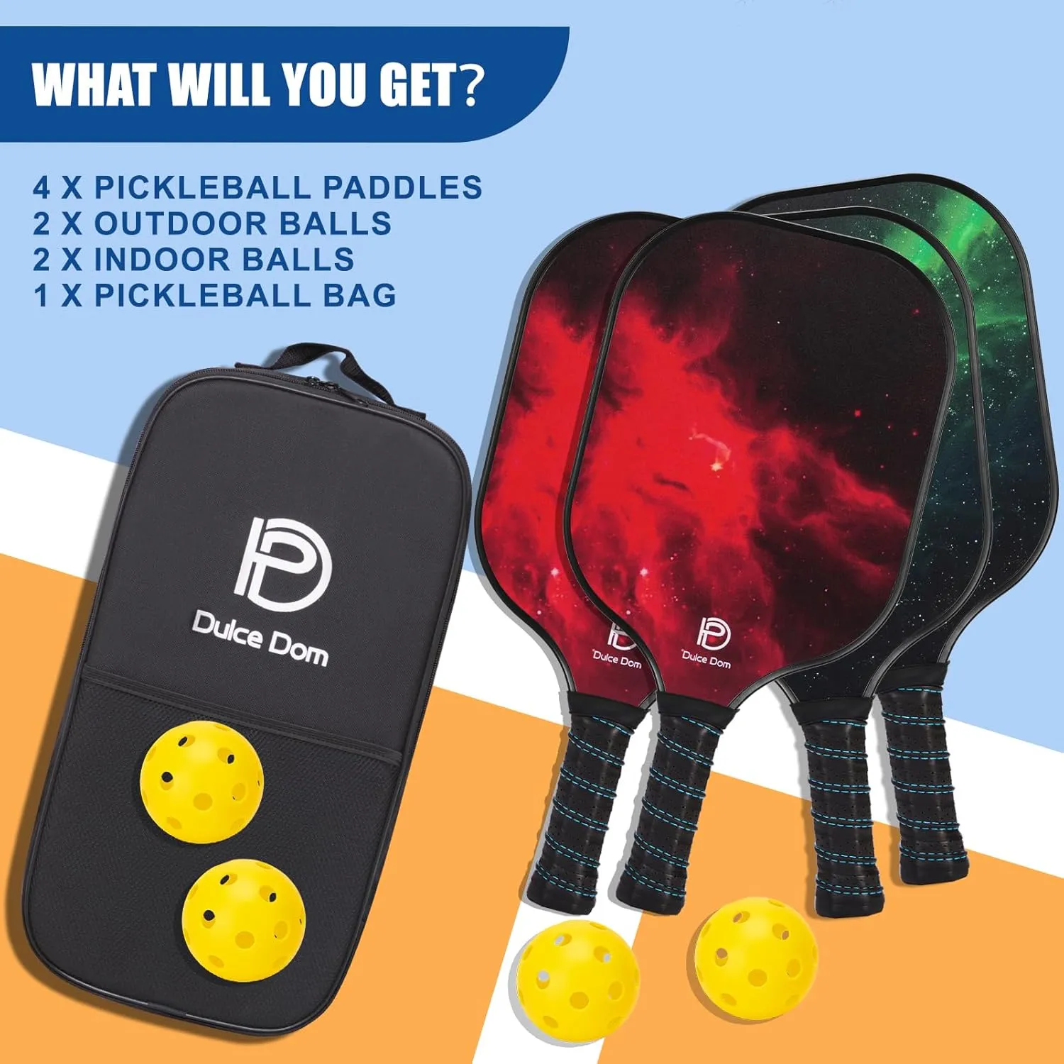 DULCE DOM Pickleball Paddles Set of 2/4 - USAPA Approved, Fiberglass Surface Pickleball Racket with 4 Indoor Outdoor Pickleball Balls and Pickleball Bag, Ideal Training Equipment Gift for Men & Women