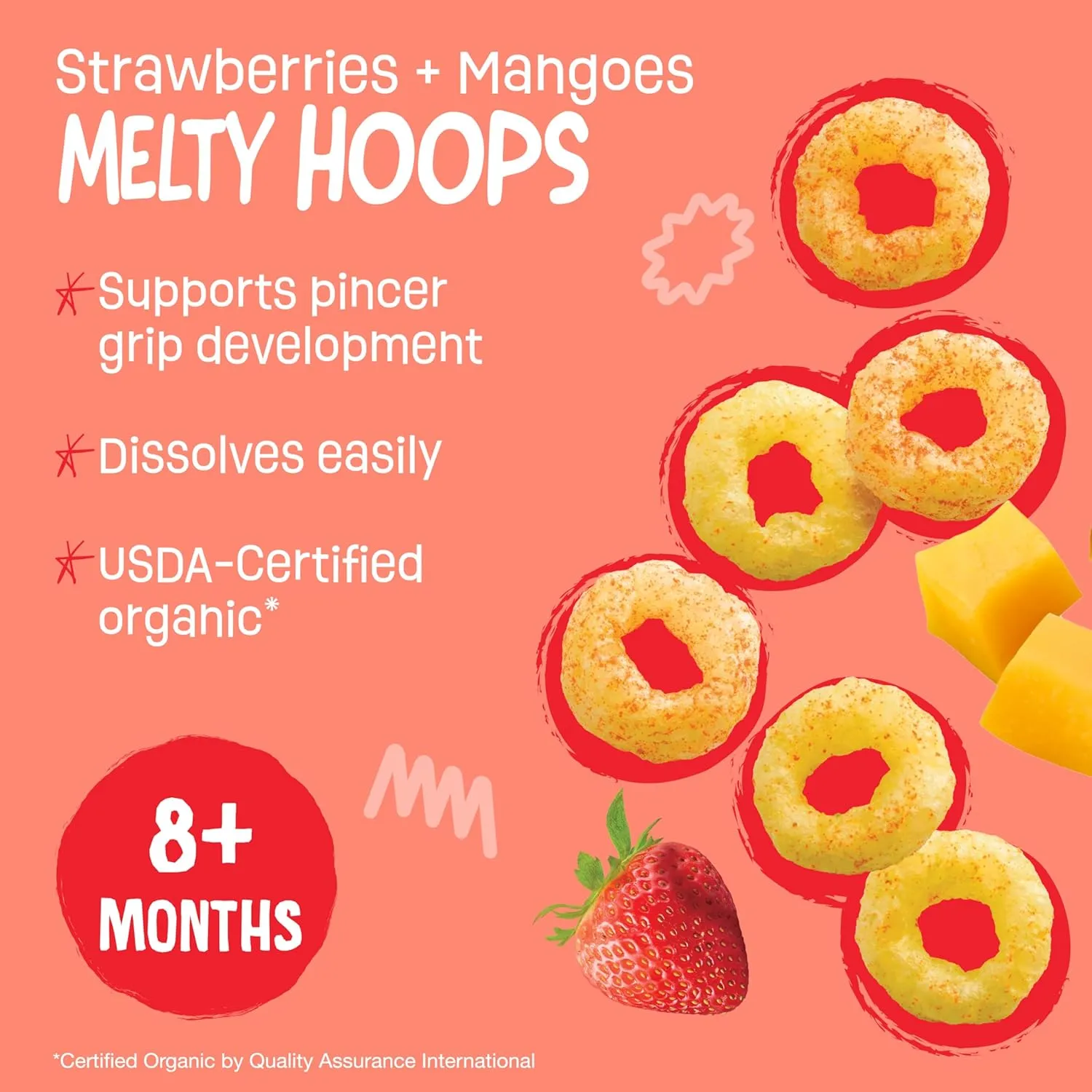 Earth's Best Organic Melty Hoops, Bite-Sized Snacks for Babies 8 Months and Up, Strawberry and Mango, 0.70 Ounce Bags (Pack of 4)